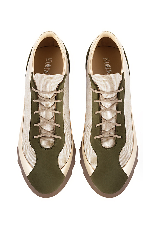 Khaki green and gold women's three-tone elegant sneakers. Round toe. Low rubber soles. Top view - Florence KOOIJMAN